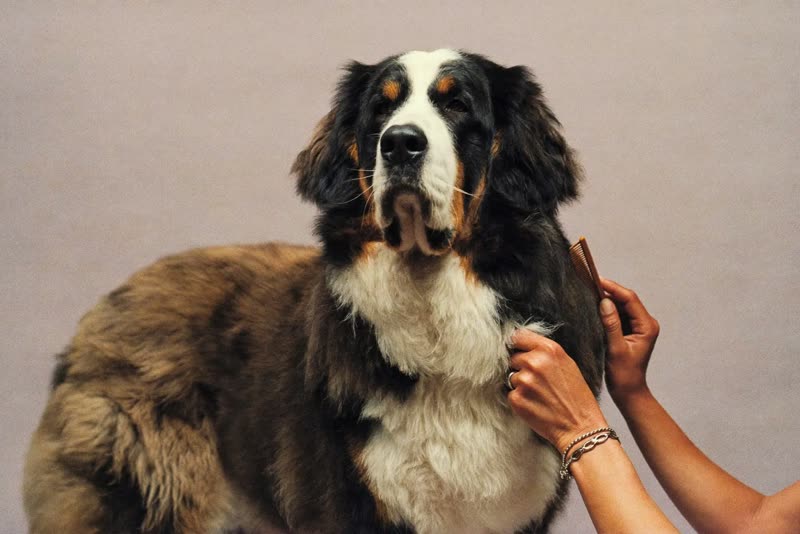 A thick-coated dog being combed through by hand
